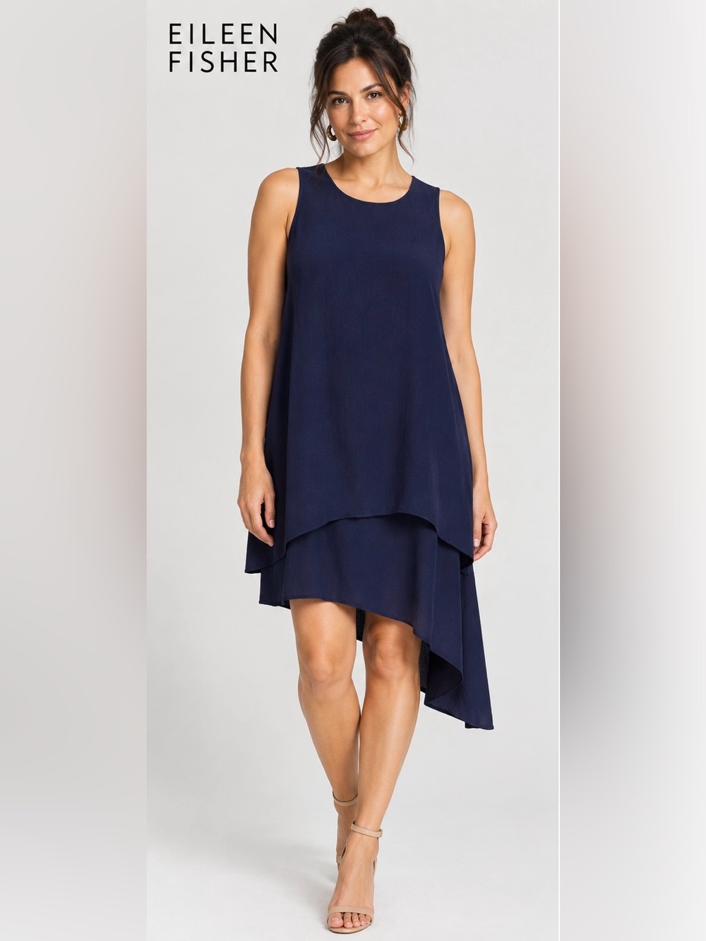 Eileen Fisher Asymmetrical Keyhole Back Silk Sleevesless Layered Dress Size 1X